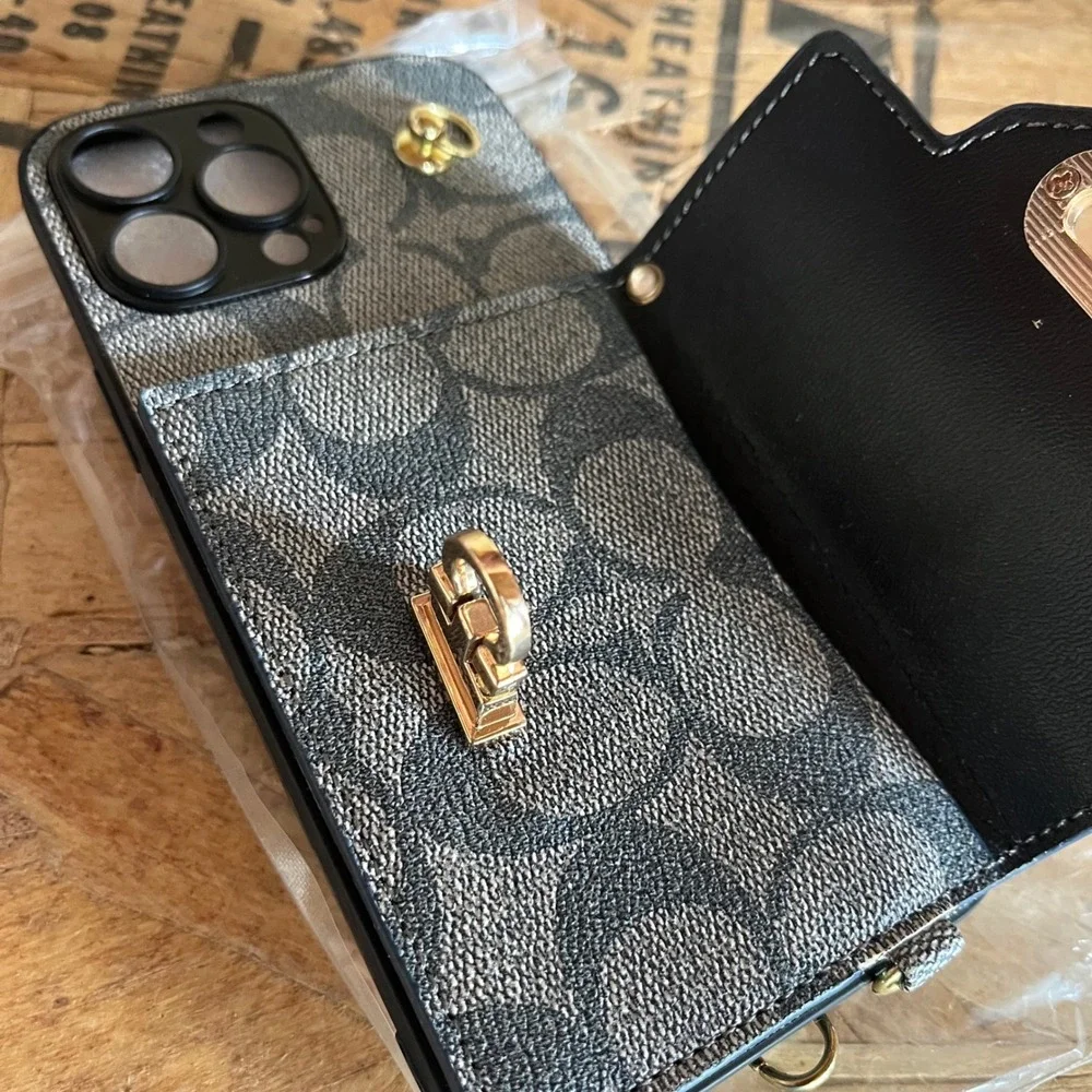 Luxury Inspired Wallet Phone Case Crossbody Charcoal Gray iPhone 13 Pro Max